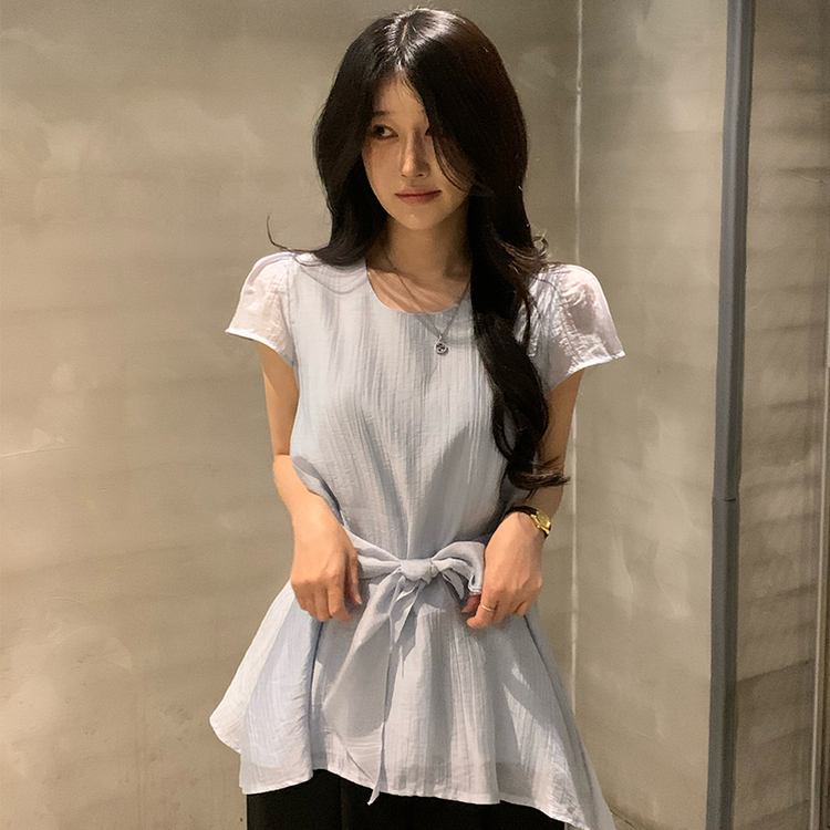 【タイ付き】ウエストシェイプ半袖ブラウス BLUE