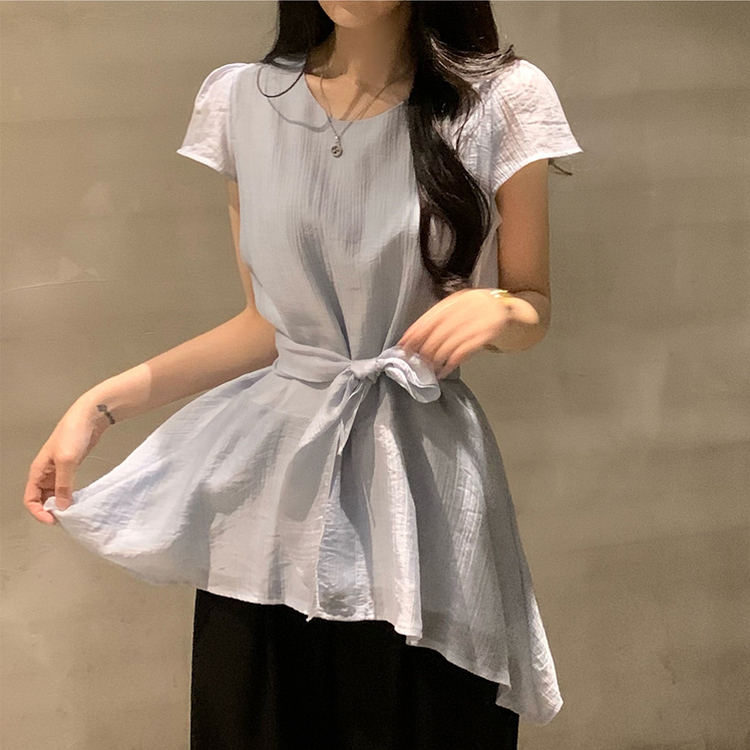 【タイ付き】ウエストシェイプ半袖ブラウス BLUE