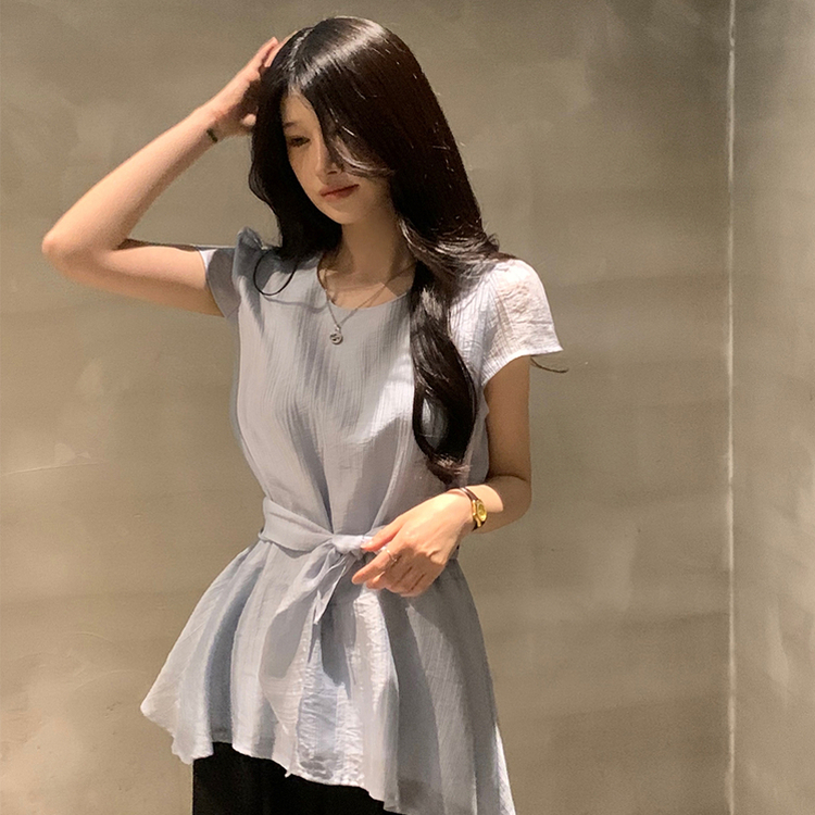 【タイ付き】ウエストシェイプ半袖ブラウス BLUE