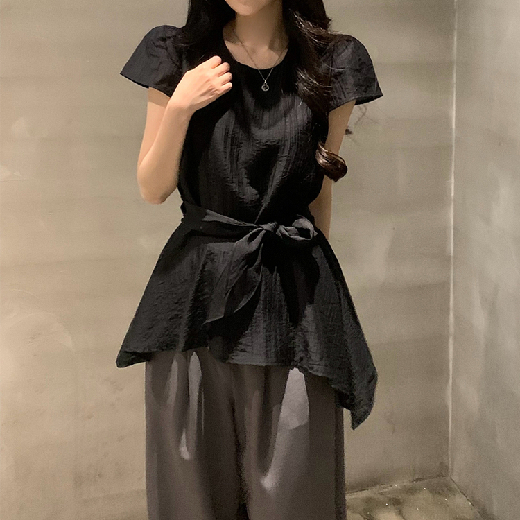 【タイ付き】ウエストシェイプ半袖ブラウス BLACK
