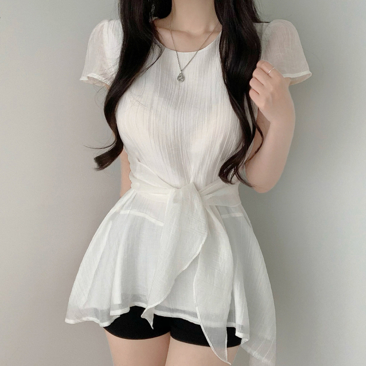 【タイ付き】ウエストシェイプ半袖ブラウス IVORY