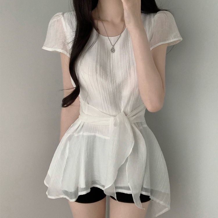 【タイ付き】ウエストシェイプ半袖ブラウス IVORY