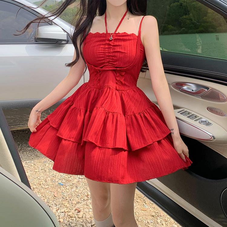 ティアードノースリーブワンピース RED