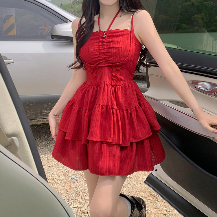 ティアードノースリーブワンピース RED