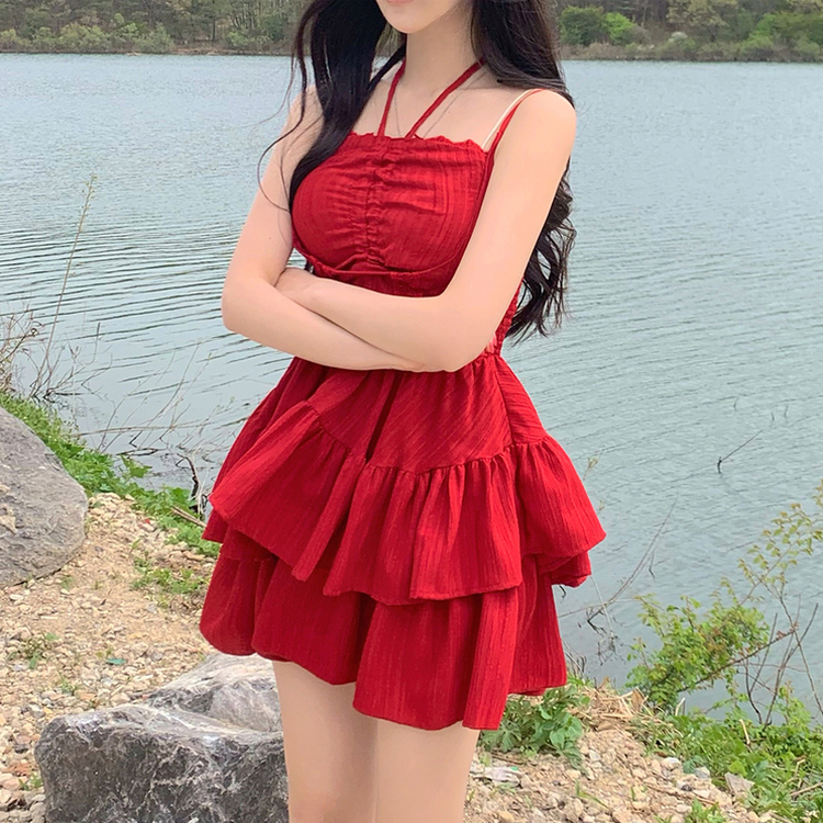 ティアードノースリーブワンピース RED