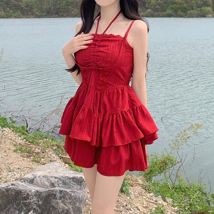 ティアードノースリーブワンピース RED