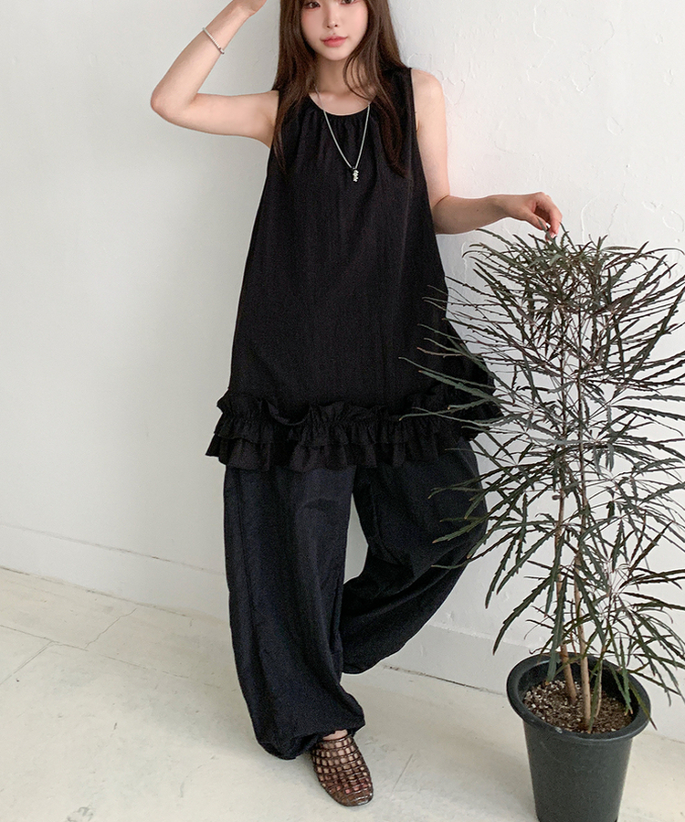 ストリングウエストゴムロングパンツ BLACK