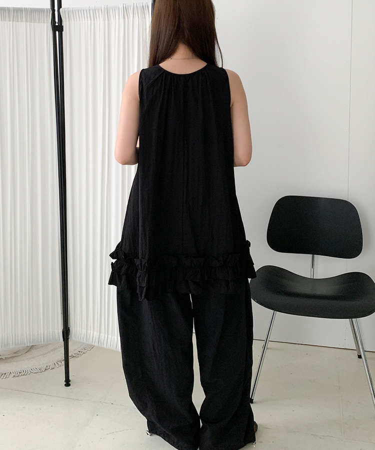 ストリングウエストゴムロングパンツ BLACK
