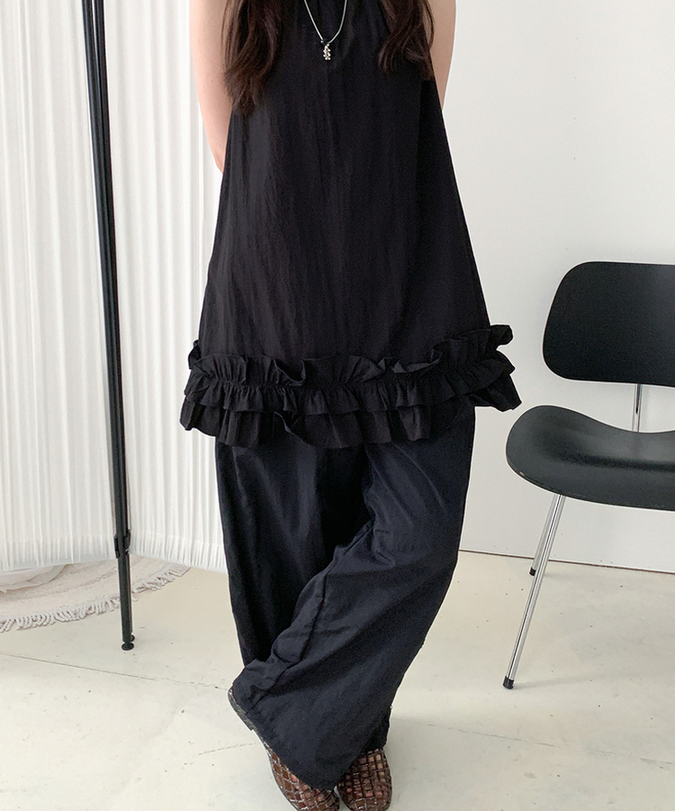 ストリングウエストゴムロングパンツ BLACK
