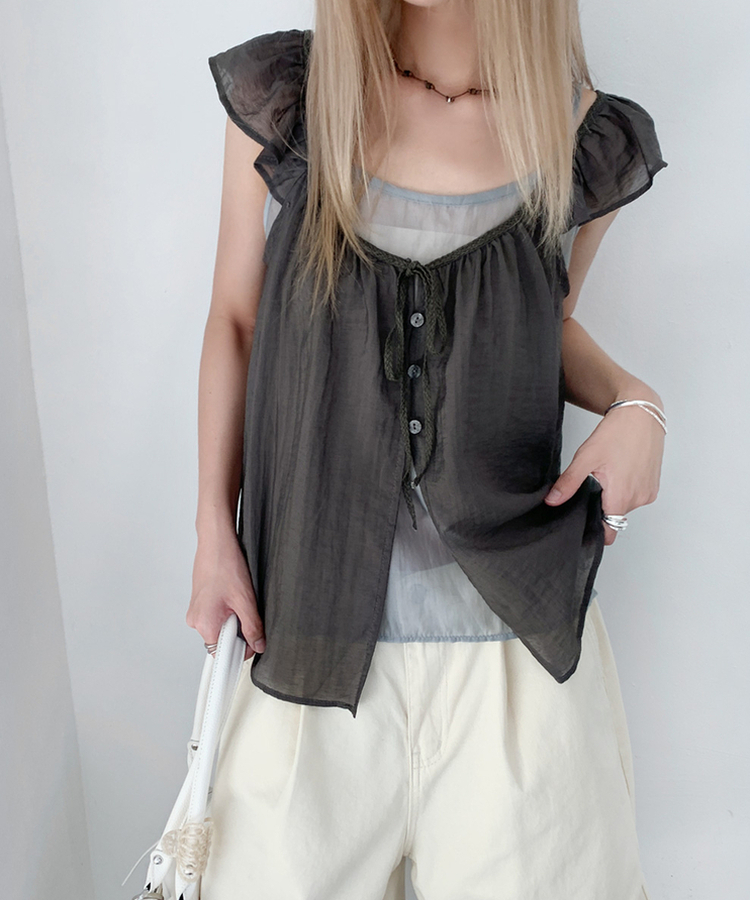 【SET】シアーフリルブラウス キャミソール CHARCOAL
