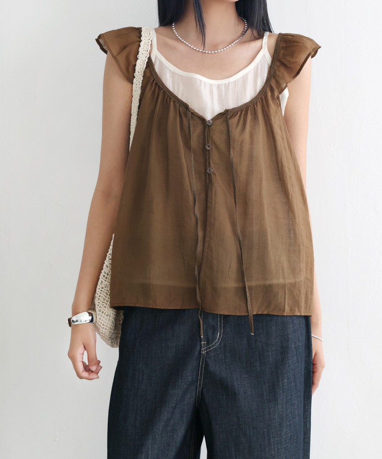 【SET】シアーフリルブラウス キャミソール BROWN