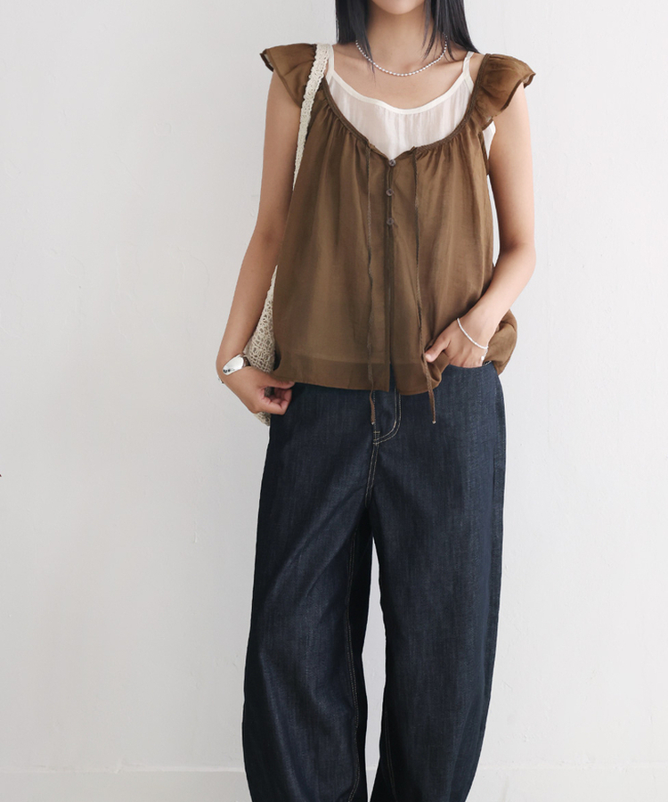 【SET】シアーフリルブラウス キャミソール BROWN