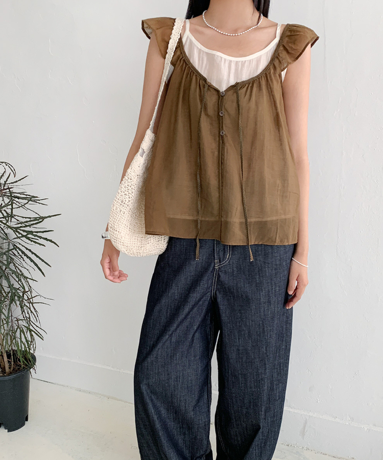 【SET】シアーフリルブラウス キャミソール BROWN