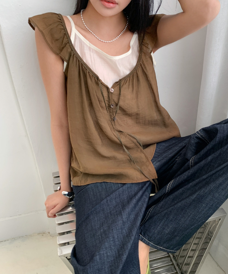 【SET】シアーフリルブラウス キャミソール BROWN
