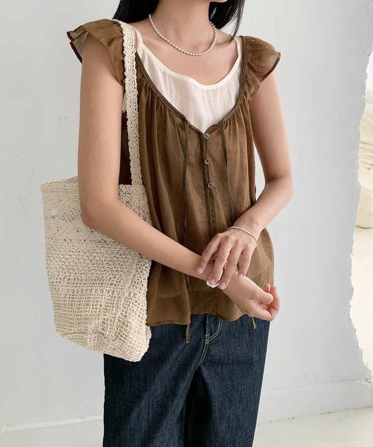 【SET】シアーフリルブラウス キャミソール BROWN