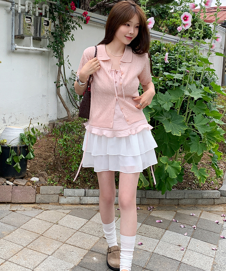 ケーブルカラーネック半袖カーディガン(8color) PINK