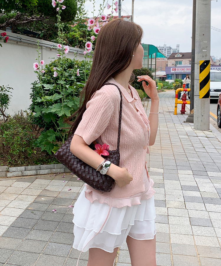 ケーブルカラーネック半袖カーディガン(8color) PINK
