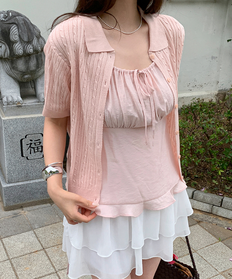 ケーブルカラーネック半袖カーディガン(8color) PINK
