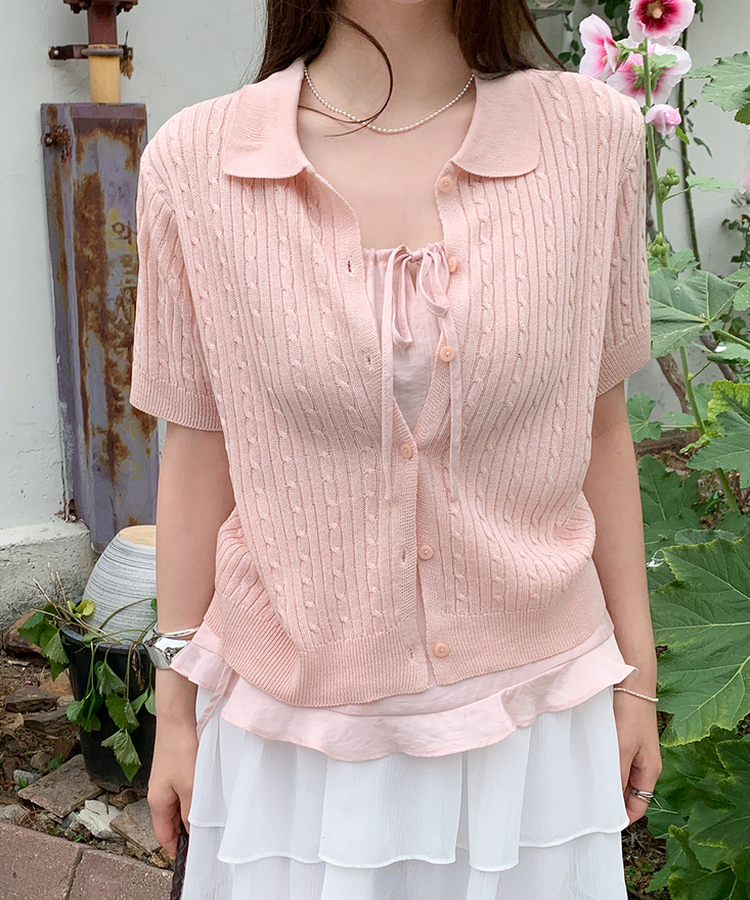 ケーブルカラーネック半袖カーディガン(8color) PINK
