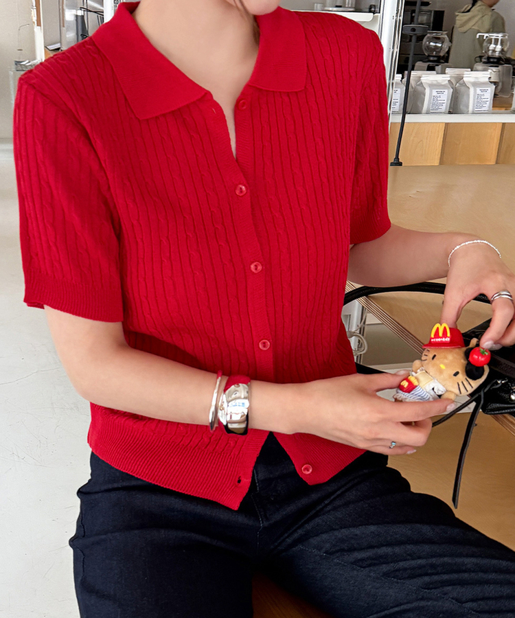 ケーブルカラーネック半袖カーディガン(8color) RED