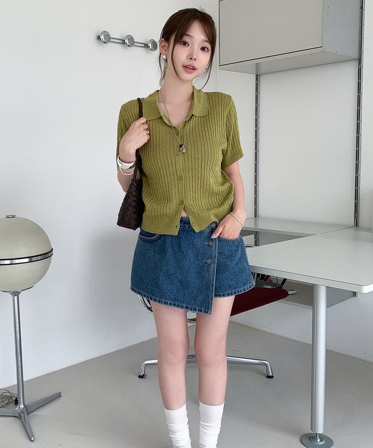 ケーブルカラーネック半袖カーディガン(8color) OLIVE