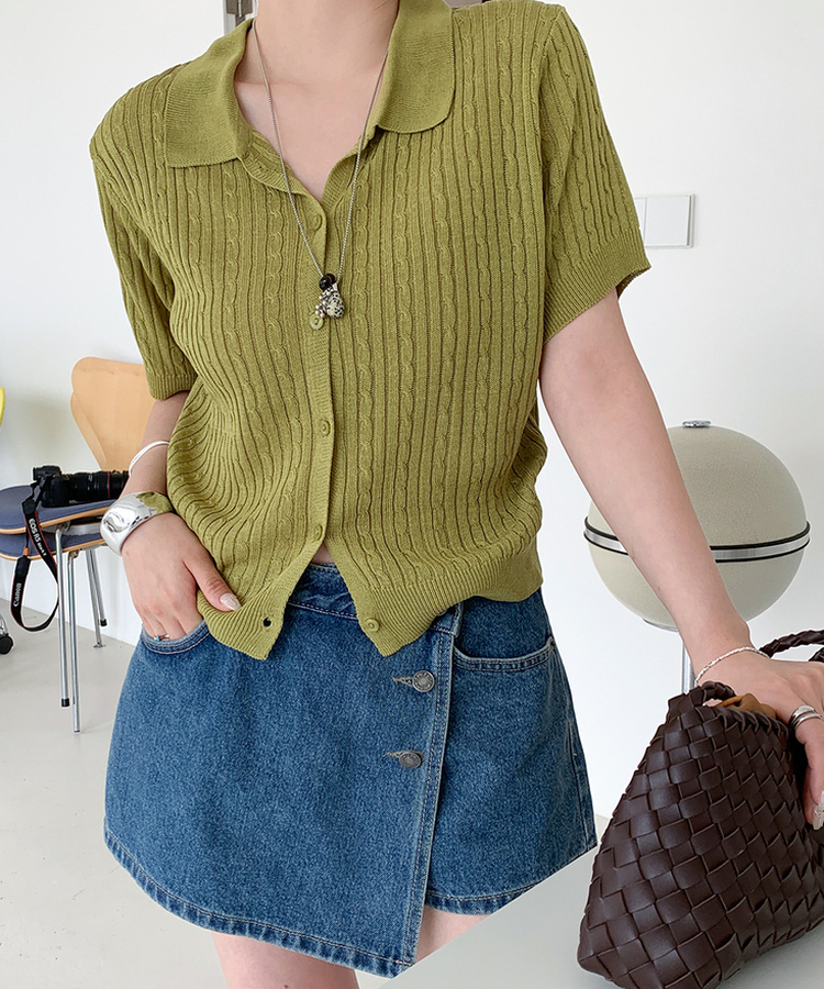 ケーブルカラーネック半袖カーディガン(8color) OLIVE