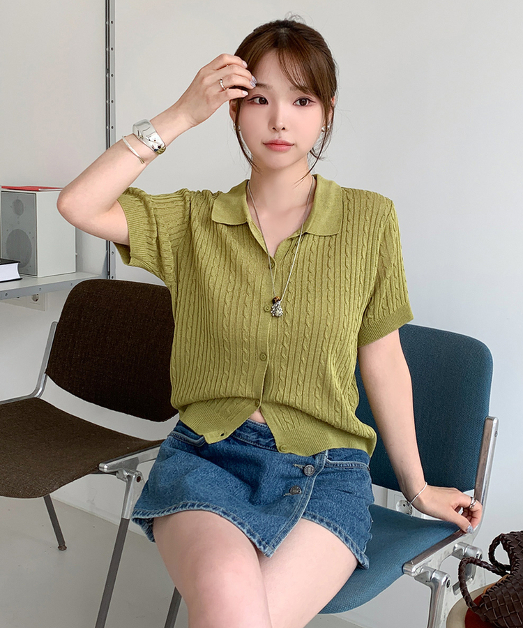 ケーブルカラーネック半袖カーディガン(8color) OLIVE