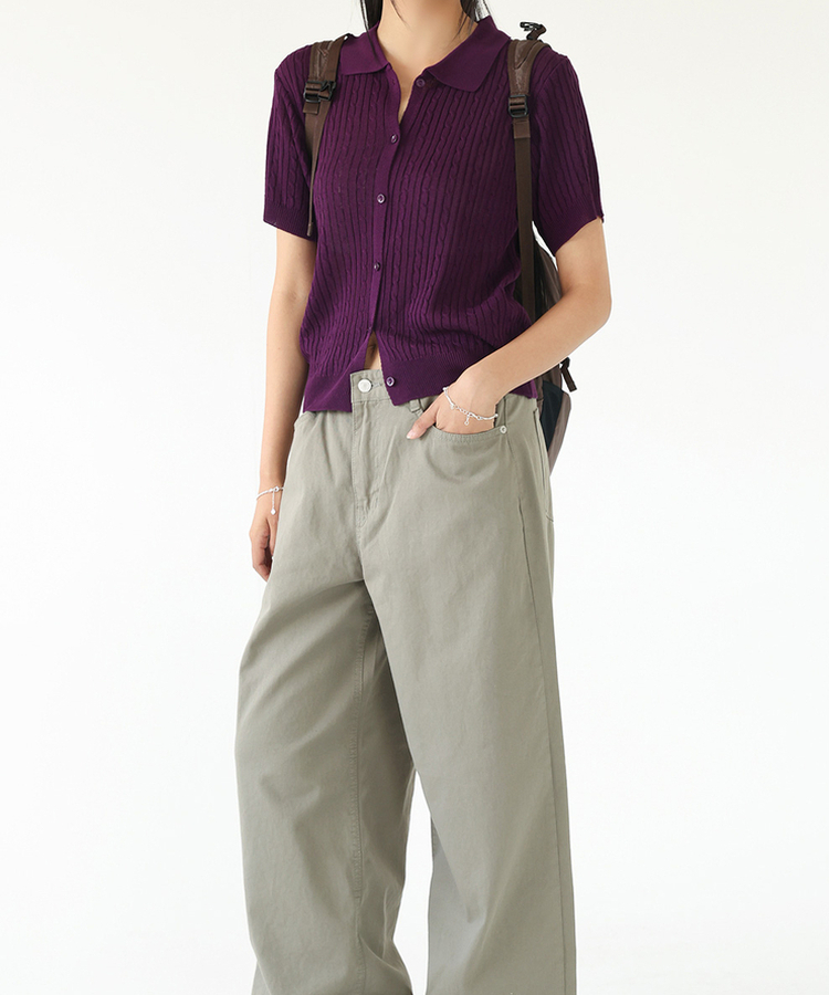 ケーブルカラーネック半袖カーディガン(8color) PURPLE