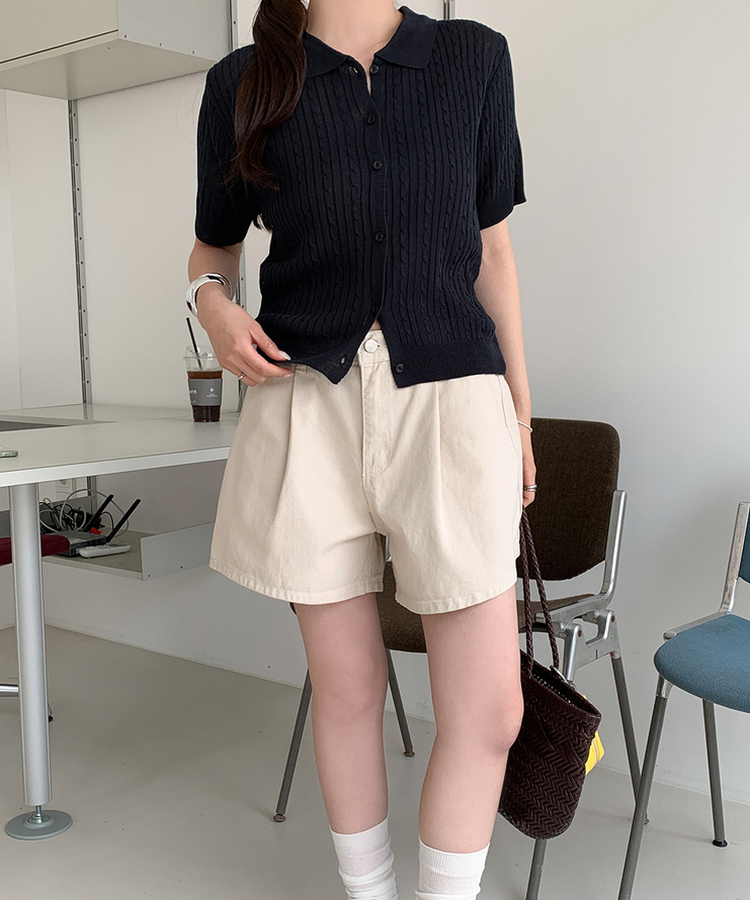 ケーブルカラーネック半袖カーディガン(8color) BLACK
