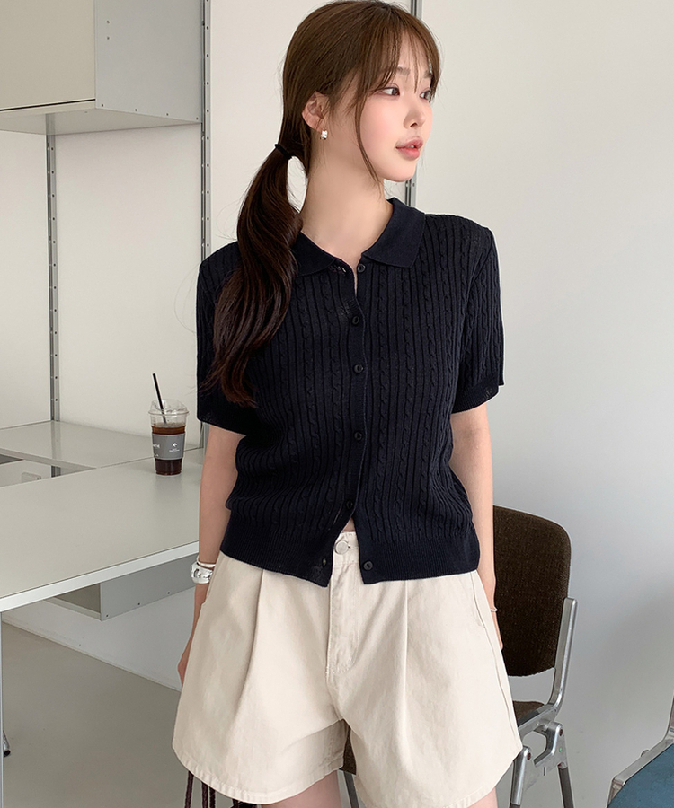 ケーブルカラーネック半袖カーディガン(8color) BLACK