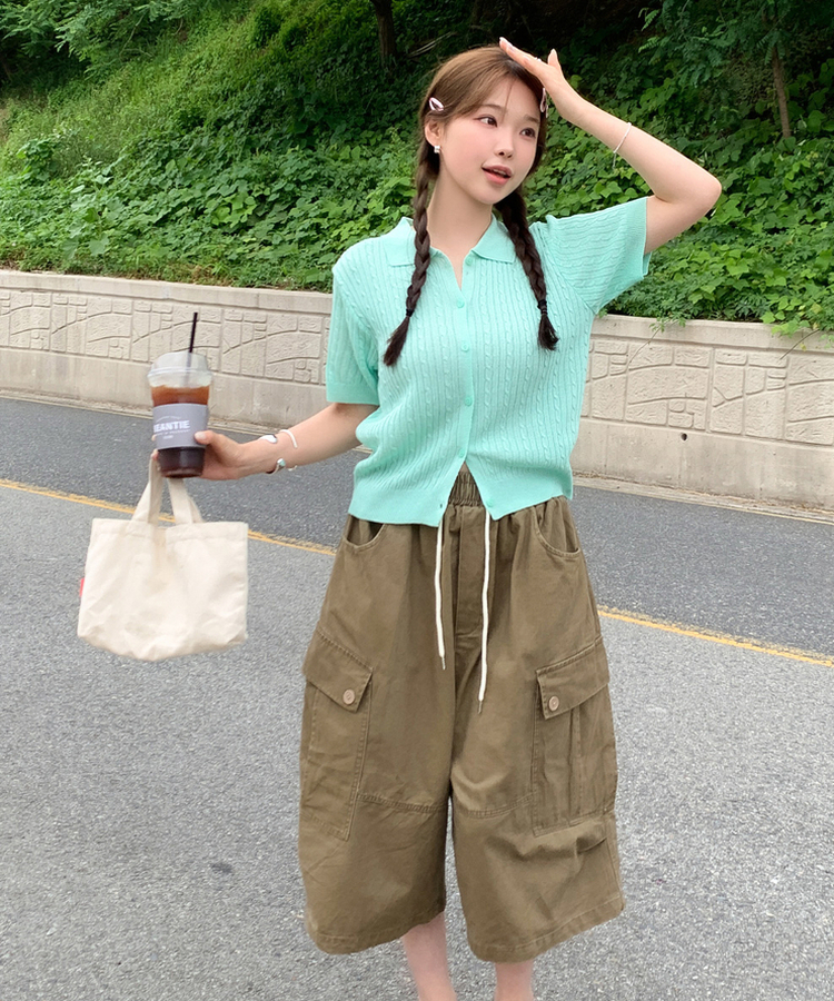 ケーブルカラーネック半袖カーディガン(8color) MINT