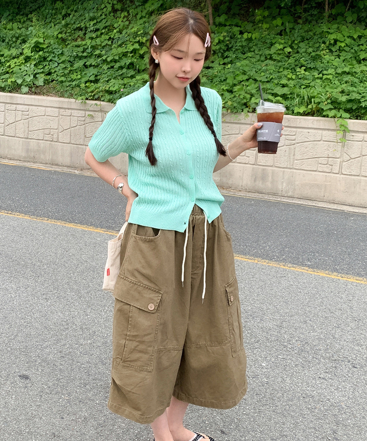 ケーブルカラーネック半袖カーディガン(8color) MINT