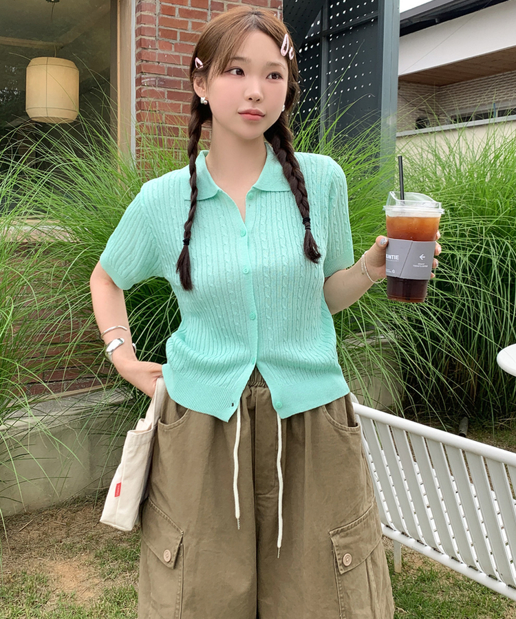 ケーブルカラーネック半袖カーディガン(8color) MINT