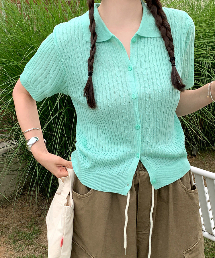 ケーブルカラーネック半袖カーディガン(8color) MINT
