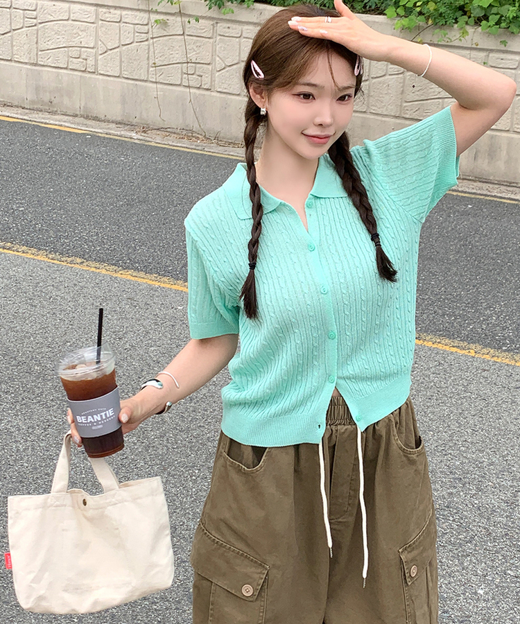 ケーブルカラーネック半袖カーディガン(8color) MINT