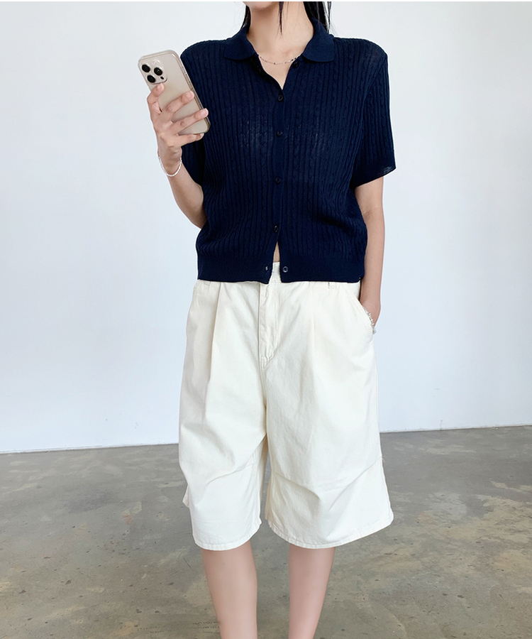 ケーブルカラーネック半袖カーディガン(8color) NAVY