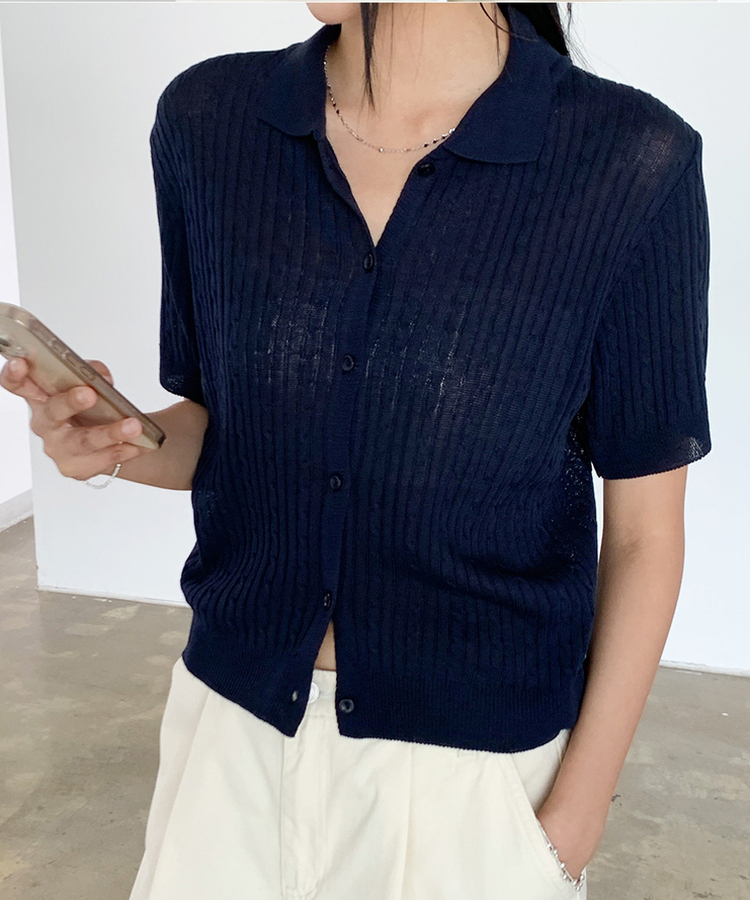 ケーブルカラーネック半袖カーディガン(8color) NAVY
