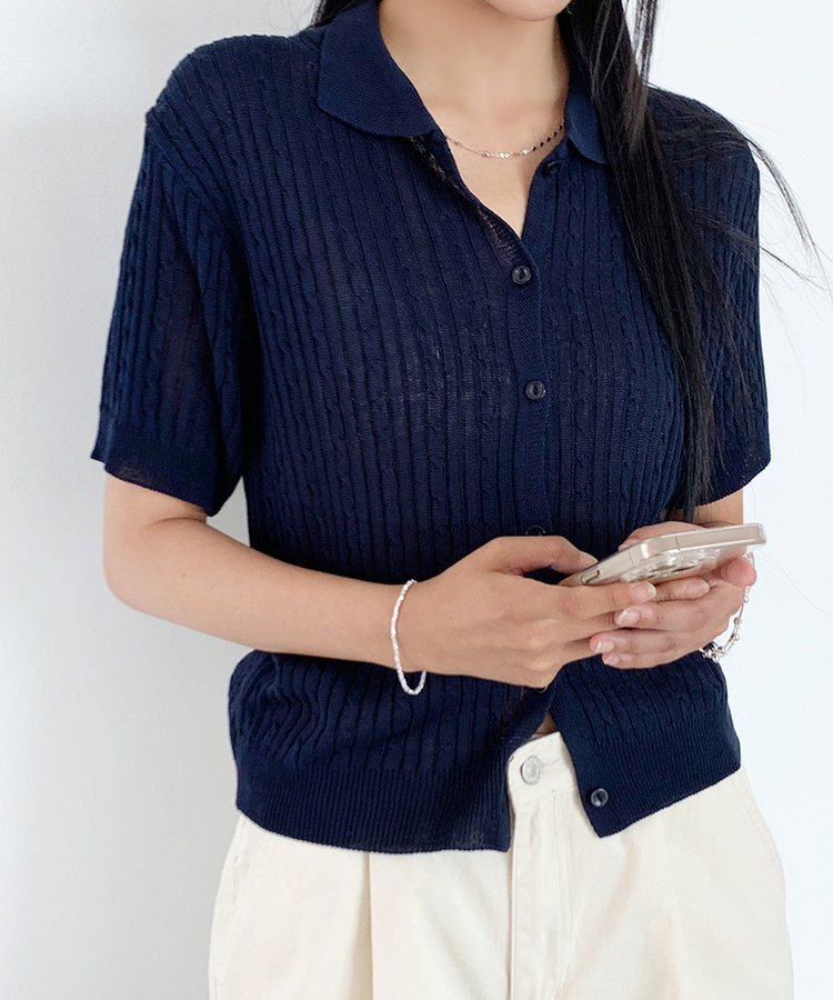 ケーブルカラーネック半袖カーディガン(8color) NAVY
