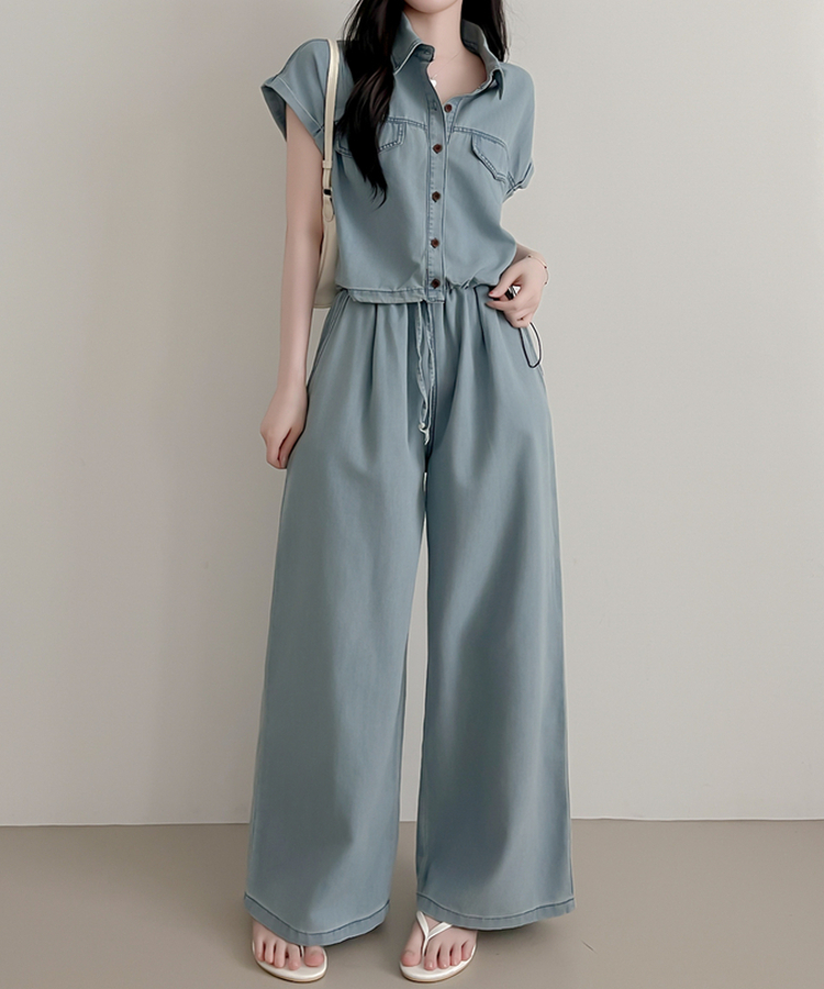 【SET】デニムロールアップ半袖シャツ＋ワイドパンツ LIGHT DENIM