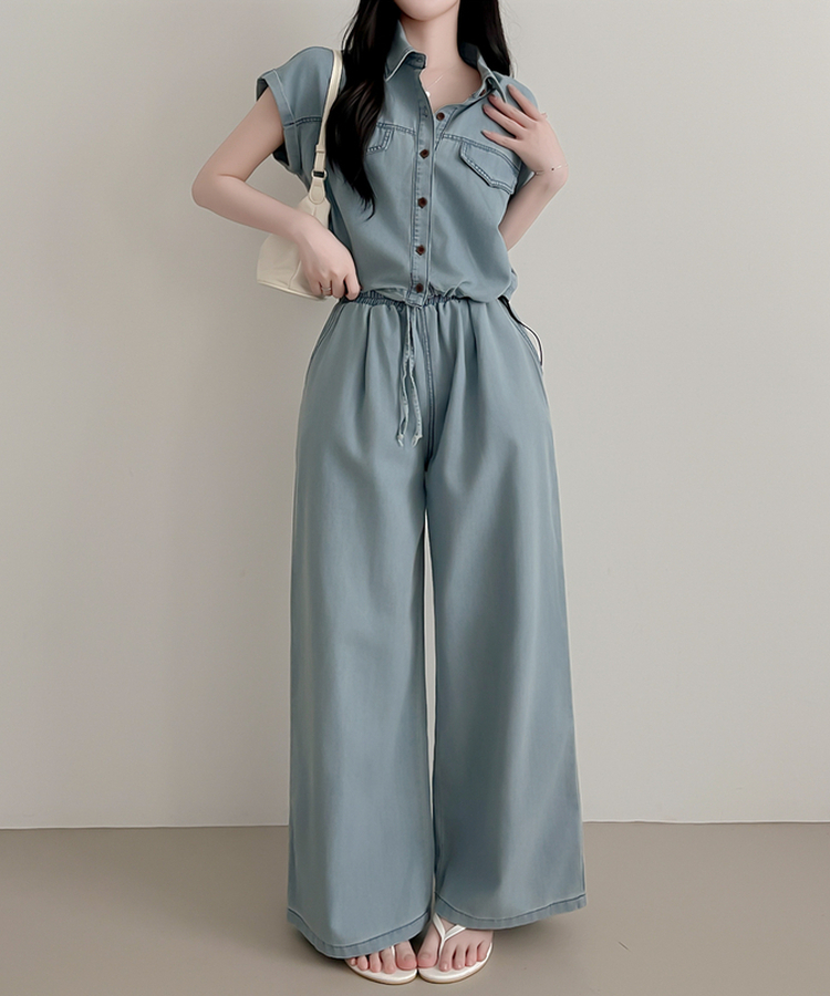 【SET】デニムロールアップ半袖シャツ＋ワイドパンツ LIGHT DENIM