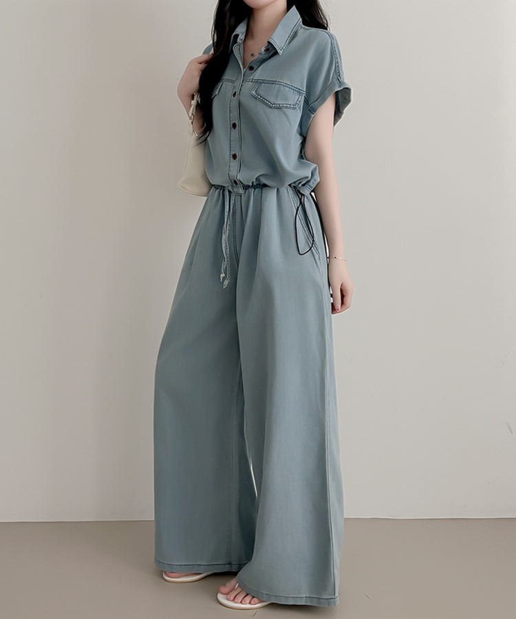 【SET】デニムロールアップ半袖シャツ＋ワイドパンツ LIGHT DENIM