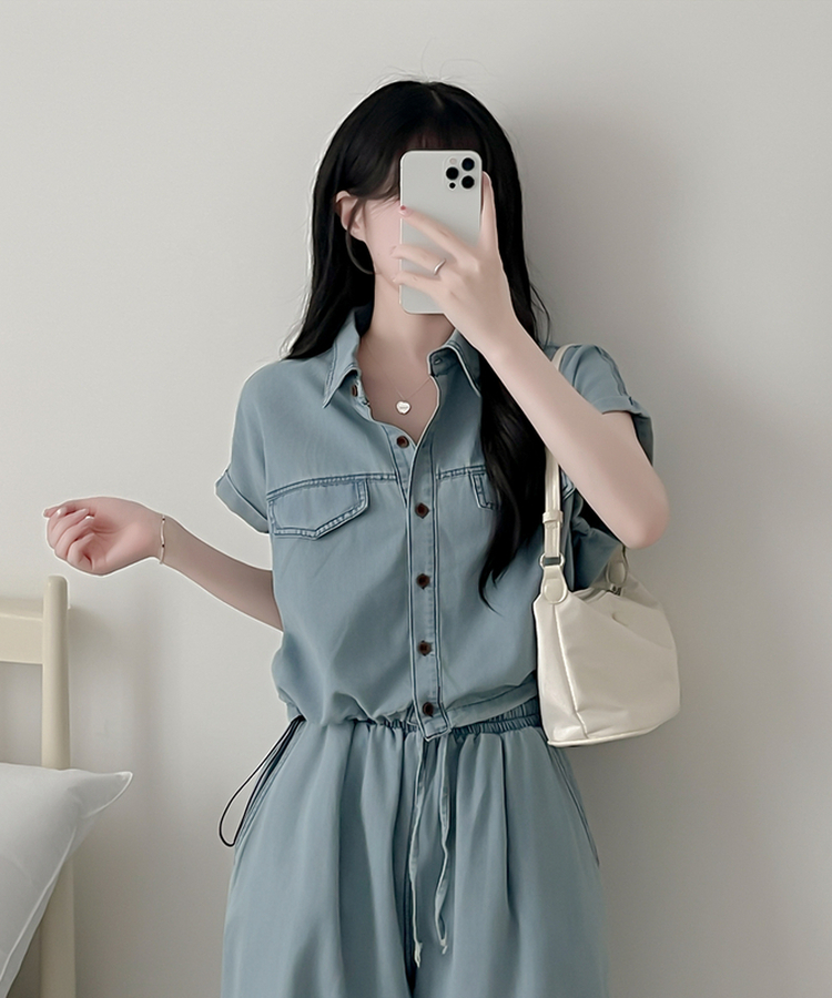 【SET】デニムロールアップ半袖シャツ＋ワイドパンツ LIGHT DENIM