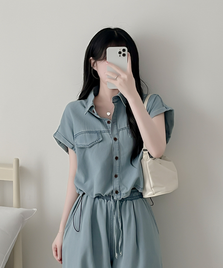 【SET】デニムロールアップ半袖シャツ＋ワイドパンツ LIGHT DENIM