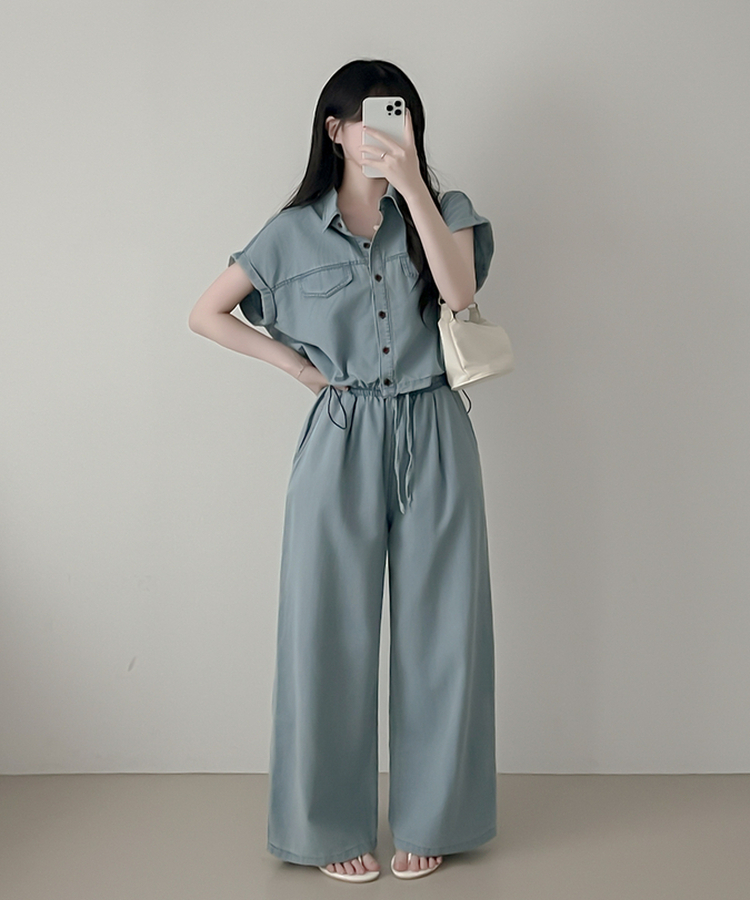 【SET】デニムロールアップ半袖シャツ＋ワイドパンツ LIGHT DENIM