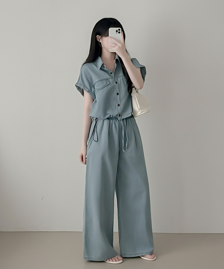 【SET】デニムロールアップ半袖シャツ＋ワイドパンツ LIGHT DENIM