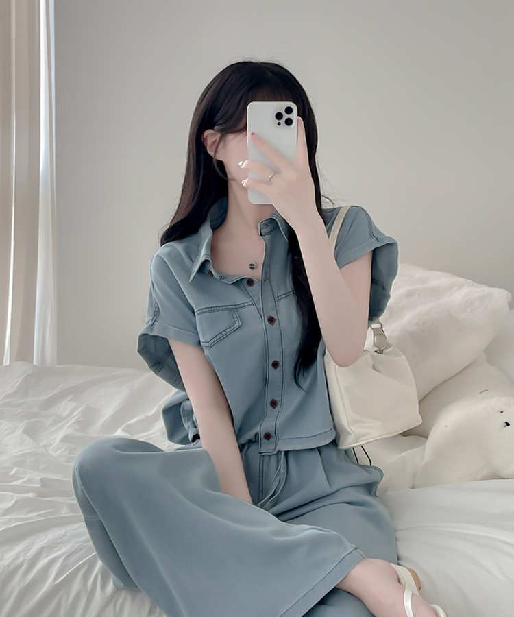 【SET】デニムロールアップ半袖シャツ＋ワイドパンツ LIGHT DENIM
