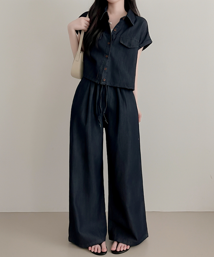 【SET】デニムロールアップ半袖シャツ＋ワイドパンツ DEEP DENIM