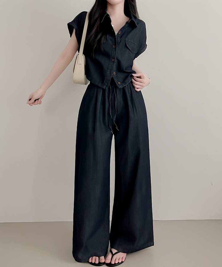 【SET】デニムロールアップ半袖シャツ＋ワイドパンツ DEEP DENIM