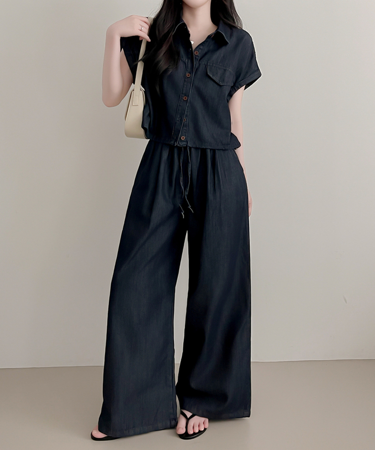 【SET】デニムロールアップ半袖シャツ＋ワイドパンツ DEEP DENIM