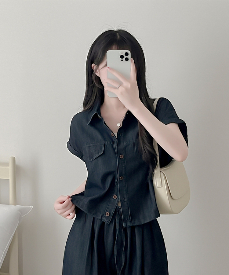 【SET】デニムロールアップ半袖シャツ＋ワイドパンツ DEEP DENIM